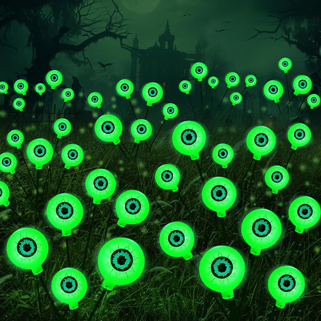 JOYIN Halloween Decorations Outdoor Solar Scary Eyeball Lights, 4 Pcs 24LEDs Green Pathway Yard Stakes, Waterproof Firefly Lights for Halloween Graveyard Yard Garden Patio Walkway Party