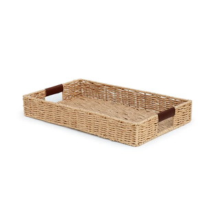 Handwoven Multipurpose Rectangle Rattan Tray, 20” x 12” – Durable Wicker Tray with Leather Handles for Home Decor Display