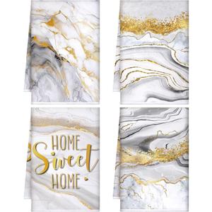 Geyoga 4 Pcs Marble Kitchen Dish Towels White and Gold Bathroom Hand Towels Absorbent Marble Tea Washcloths for Winter Spring Bathroom Decor Kitchen Accessories Gifts