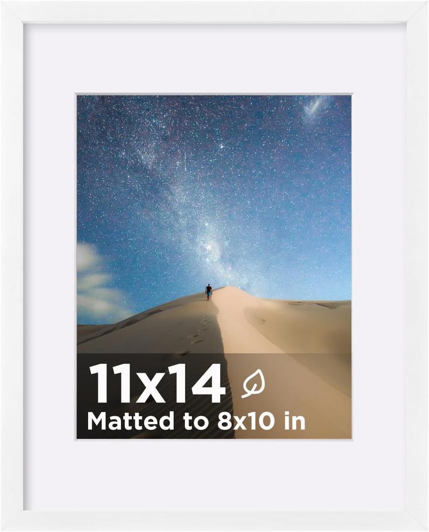 KINLINK 11x14 Picture Frame White, Wooden 14x11 Photo Frames with Plexiglass for 8x10 Picture with Mat or 11x14 Without Mat, 11 x 14 Frame for Art Collage Gallery Wall and Tabletop Display