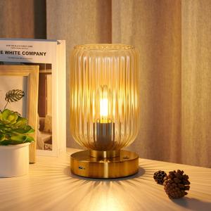 LightRound Table Lamp for Bedroom, Cordless Small Bedside Lamp, Touch Dimmable Rechargeable Lamp Battery Operated with Amber Glass Shades for Night Stands, Living Room, Desk, Bulb Included (Amber Glass-Brushed Gold Base)