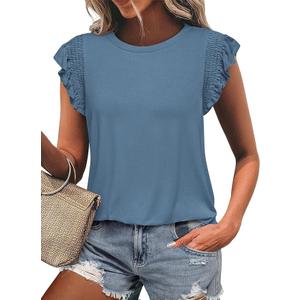KIRUNDO Womens Summer Tops 2025 Trendy Ruffle Cap Sleeve Casual T Shirts Crewneck Basic Tee Cute Blouses Clothing(Light Blue, X-Large)