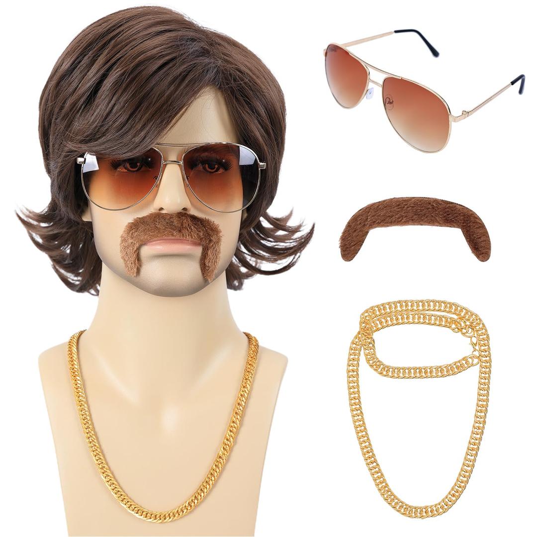 70s 80s Costume Wigs for Men with Mustache Glasses and Chain Short Brown Shaggy Disco Wig for Rocker Singer Hippie Retro Cosplay Halloween Party