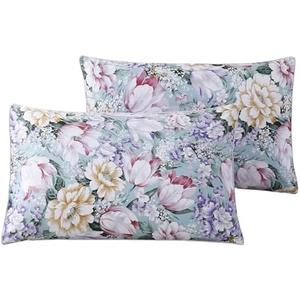 WINLIFE 100% Cotton Pillowcases Queen Size Garden Floral Printed Pillow Cases Set of 2 Soft and Breathable Cooling Pillow Case (Queen 20x30'', Purple Flower)