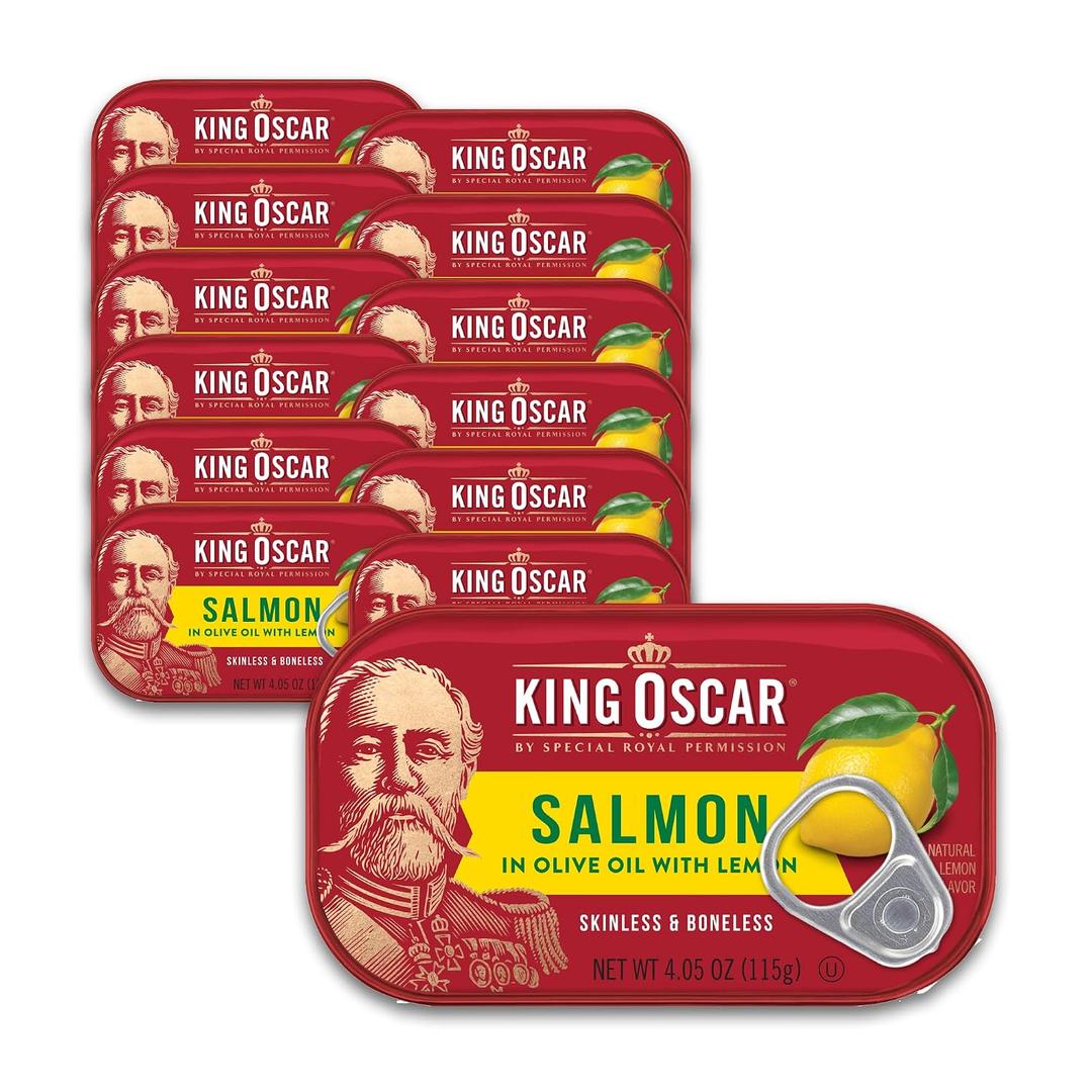 King Oscar Premium Salmon in Olive Oil with Lemon, 4.05-Ounce Cans (Pack of 12, Packaging May Vary), Skinless & Boneless Salmon (EXP 02/16/31)
