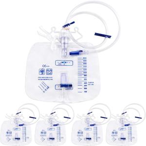 5 Pack 2000ml Urine Collection Bags with 48 Inch Flexible Tube Anti Backflow Chamber, Catheter Bags with Smooth Slide Valve Dual Hooks and Hanging Strap for Daily Liquid Collection and Easy Drainage