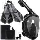 Mask Fins Snorkeling Gear for Adults, Full Face Snorkel Mask & Adjustable Swim Fins Snorkel Set, Panoramic View Snorkel Mask Dry Top Anti-Fog Anti-Leak (Black)