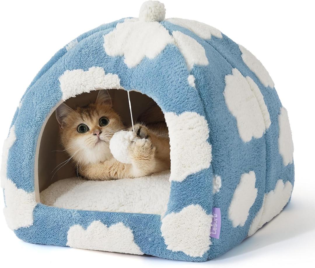 Lesure Cute Cat Beds for Indoor Cats - 2 in 1 Cat Cave Bed for Kittens and Small Pets with Removable Washable Cushioned Pillow, Cozy Kitten Tent with Non-Slip Bottom, Blue, 16 inches