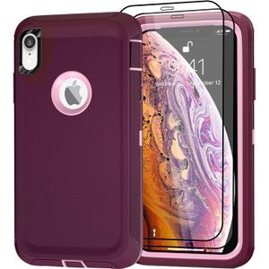 Case for Apple iPhone X/XS Case with 2 Screen Protector, Heavy Duty Full Body Shockproof Military Grade Cover, 3 in 1 Drop Protection Phone Case 5.8" [Wine Red+Pink] (X/XS-Wine Red Pink)