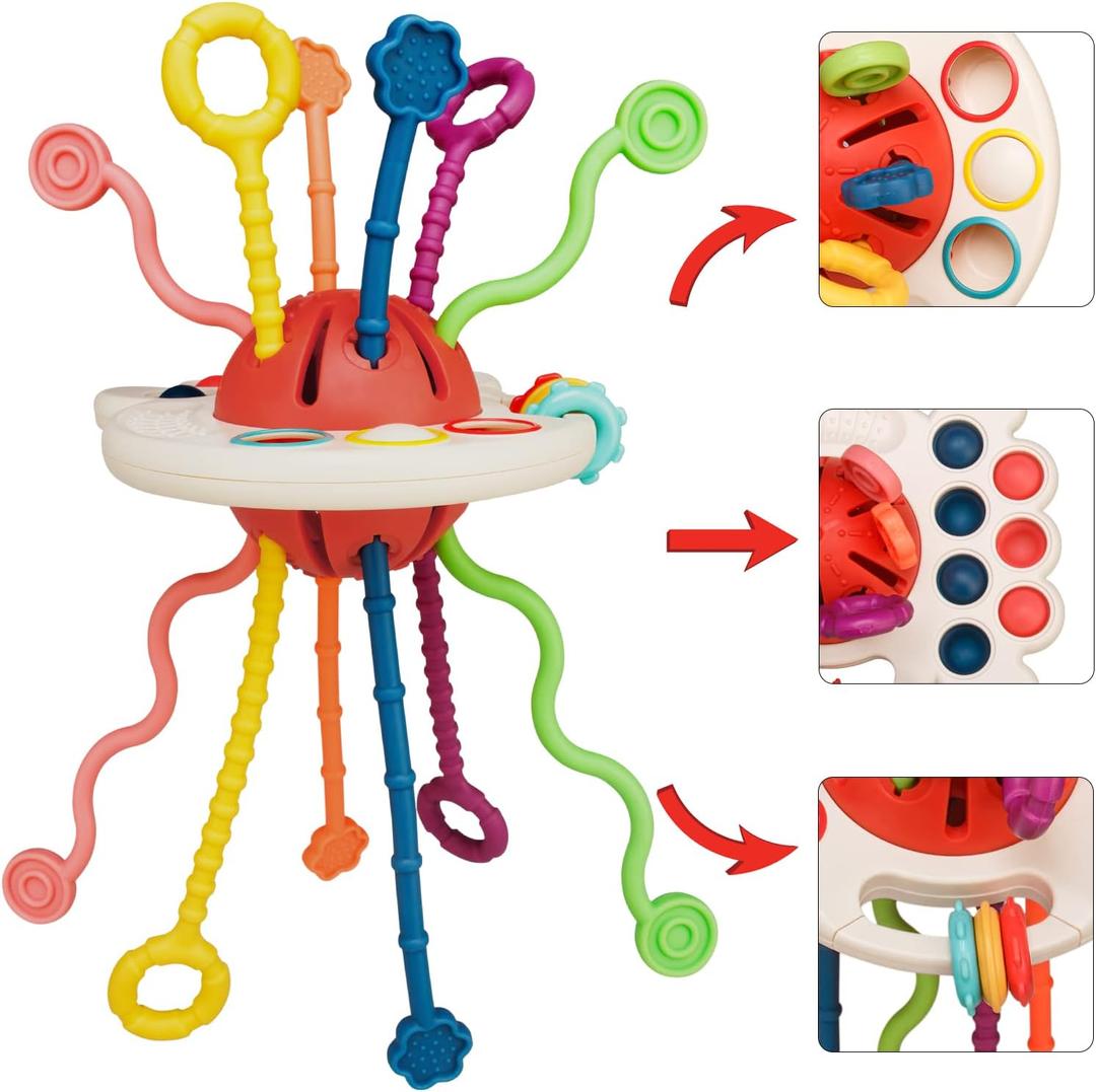 Montessori Toys, Silicone Pull String Activitys, Developmental Pulling Baby Sensory Toy, Car Seat Airplane Travel Toddler Boy &Girl Infant Birthday Gifts