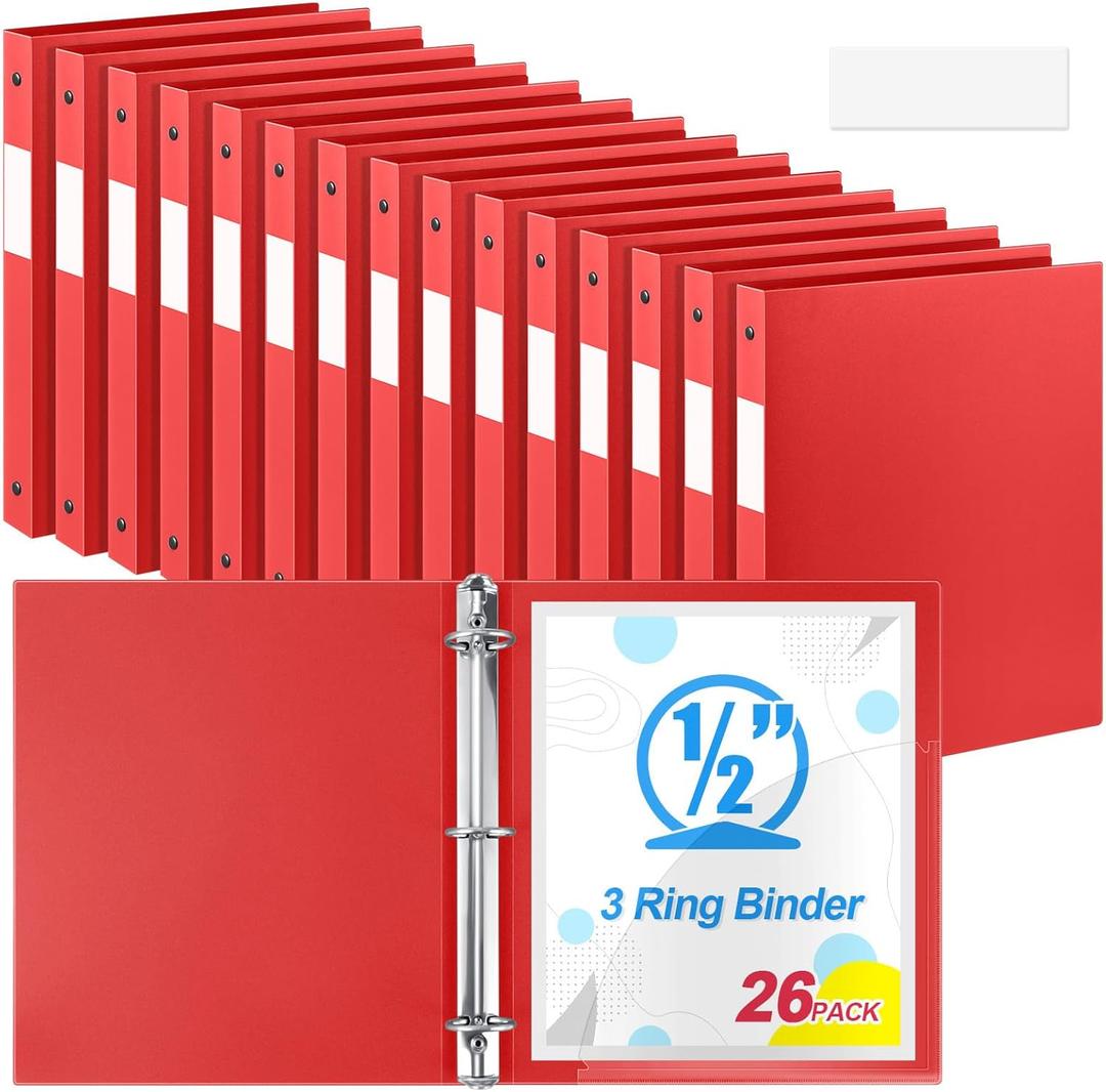 Henoyso 26 Pack 0.5 Inch Plastic 3 Ring Binder Round Ring, Bulk 1/2 Inch Flexible Binders Hold 140 Sheets Letter Size with Pocket, Document Organizer for Back to School Classroom Office (Red)