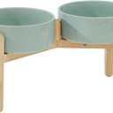 Havniva Ceramic 8.2inch Raised Dog Bowl with Stand for Large- Breed Dogs, Pet Food and Water Feeder (Double Bowl with Stand - Light Green)