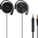 GEEKRIA Wired Clip On Ear Headphones, Portable Hook On Ear Headphones with Microphone and Call Controller Compatible with Android, Avoid Headphone Hair (Black)