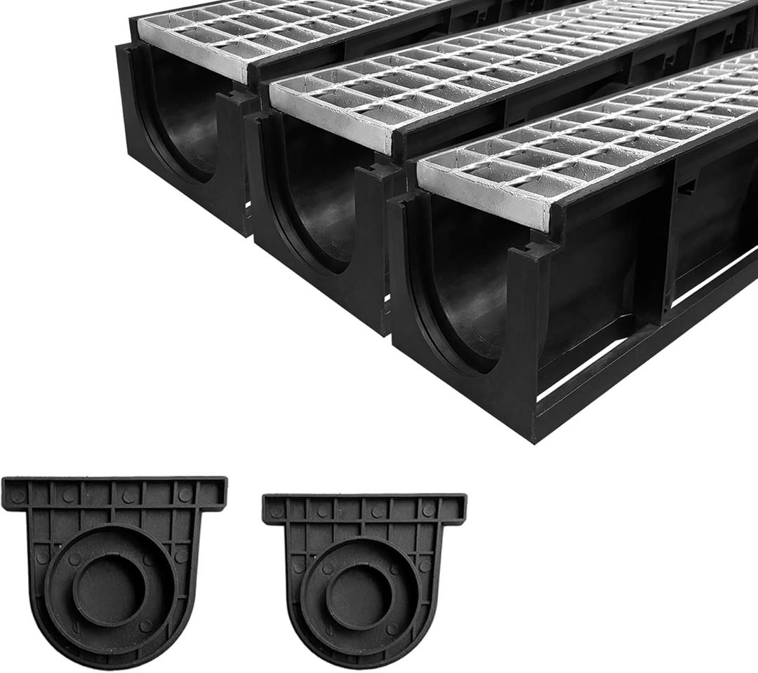 Channel Drain with Galvanized Steel Grates-39.4Lx6.1Wx5.5H in. Deep Profile Trench Drain System for Driveway,3 Pack Total Length 118.2in,Heavy Duty Trench Drain for Garage,Parking Lot