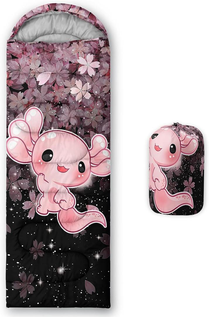 QOOMO Camping Sleeping Bags,3 Season Warm & Cool Weather,Lightweight,Waterproof Sleeping Bags for Adults & Kids,Traveling,and Outdoors Axolotl Cherry Blossom, Standard