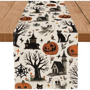 Halloween Table Runner Ghost Pumpkin Haunted House Table Runners Seasonal Kitchen Dining Table Decoration for Home Party Banquet Decor 13x108 Inch