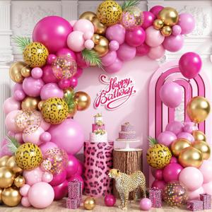 Hot Pink Cheetah Print Balloon Arch Kit, Pink Gold Balloons Garland with 4D Foil Leopard Balloon for Safari Jungle Wild Cheetah Print Birthday Bridal Shower Party Decorations