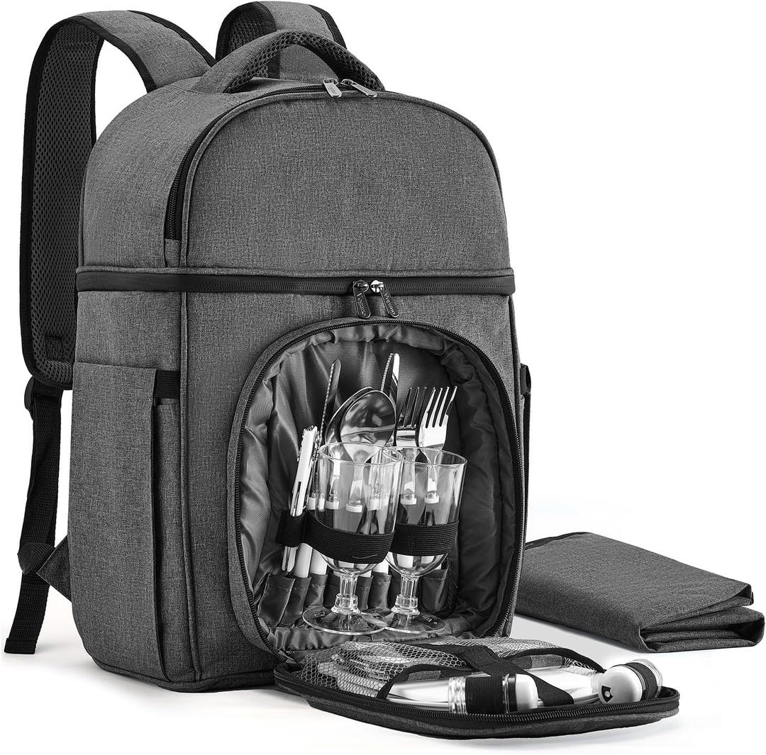 Picnic Backpack & Accessories - Picnic Set for 2 Person with 2 Insulated Cooler Compartment, Lightweight Blanket and Cutlery Set, Perfect for Wedding Gifts for Couples and Bridal Shower Gifts (Gray)