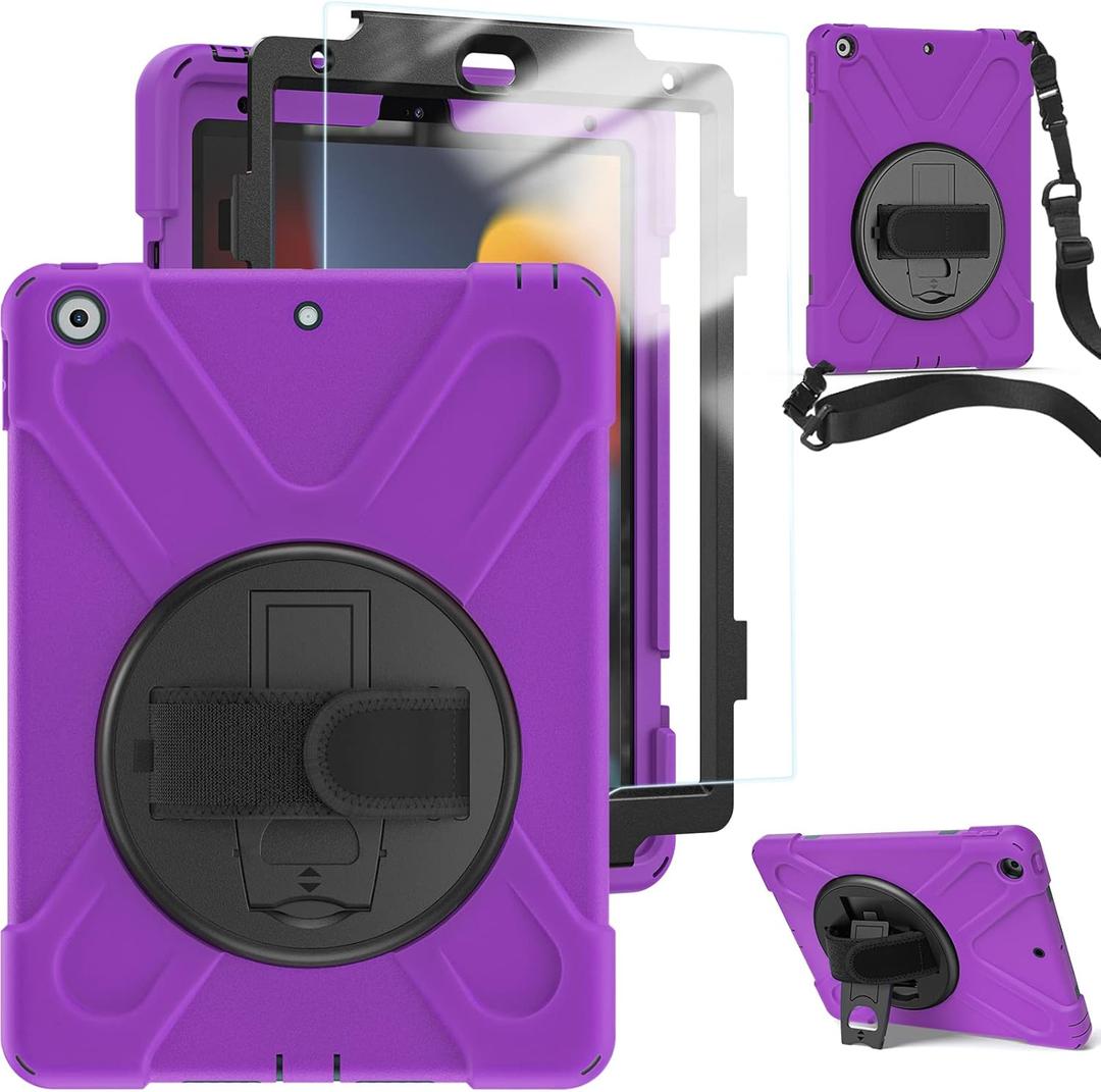 ase for iPad 9th/8th/7th Generation with Screen Protector for Kids | Military Grade 360 Rotating Stand & Hand Shoulder Strap | Heavy Duty Rugged Silicone Case for iPad 10.2 Inch-Purple