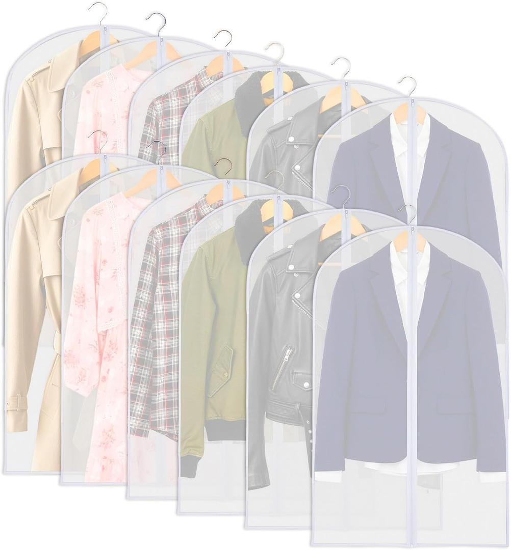 12 Pack Clear Garment Bags for Hanging Clothes, 47" Suit Bags for Closet Storage,Plastic Dustproof Suit Cover Bags,Plastic Suit Cover Bags with Zipper for Coats,Jackets,Shirts (24''X47'')