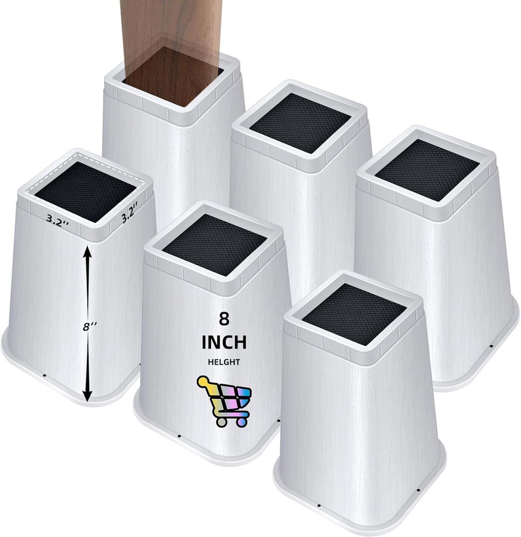 8 inch Bed Risers Adjustable Furniture Risers - Heavy Duty Non-Slip Lift Supports for Beds/Couches/Sofas, Durable Square Design with Creates Storage Space (6 Pack White, 8 inch Square)
