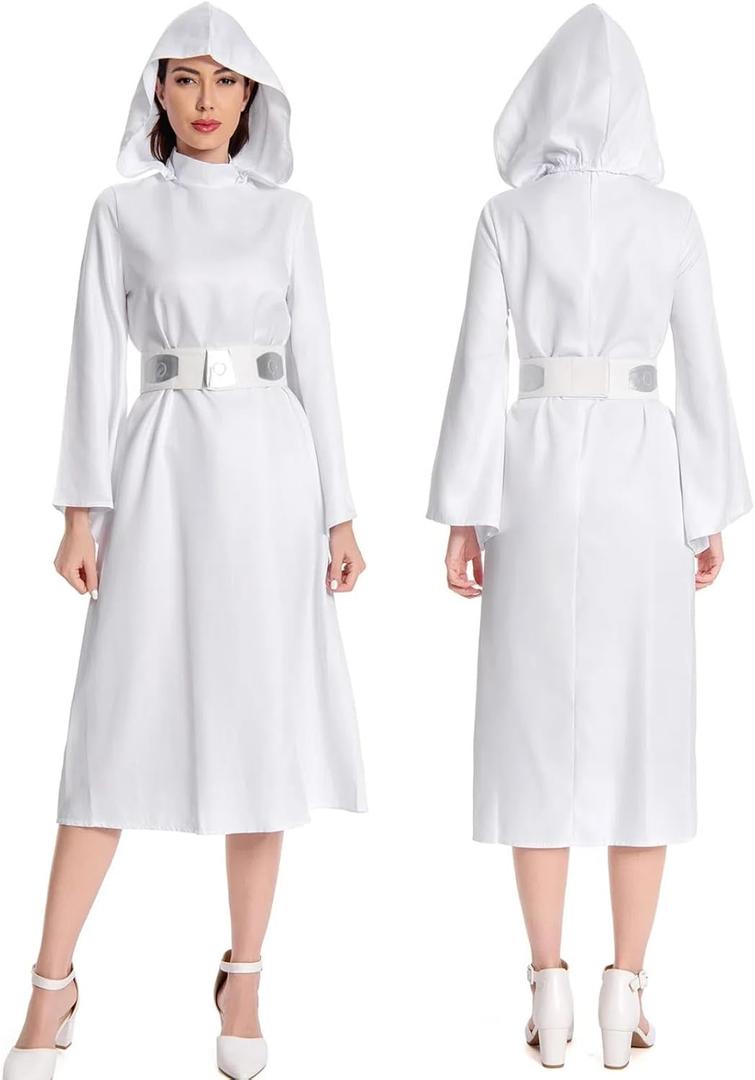 Princess Costume Dress Women Princes Cosplay Hooded Dresses Belt Outfit Halloween Suits for Adult (Medium, White)