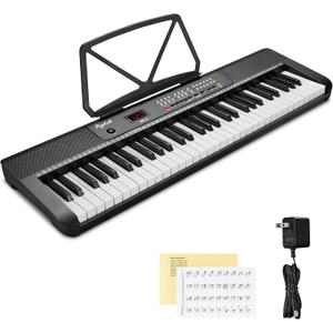 61 Keys Compact Keyboard Piano, Multi-Function Electronic Piano with 255 Sounds, 255 Rhythms, 24 Demos, Includes Sheet Music Stand, Note Stickers & Power Supply, Gift for Beginners, Black