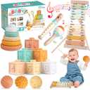 Montessori Baby Toys for 6-12 Months 1+ Year Old 6 in 1 Musical Instruments for Toddler Stacking Blocks Rings Development Learning Educational Toy with Wooden Xylophone for 1 Year Old Boys Girls
