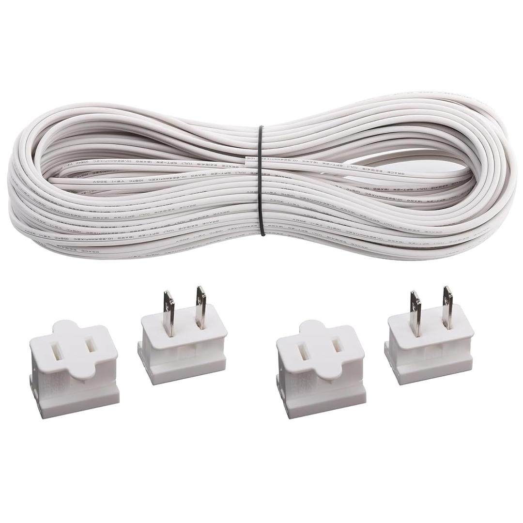 SPT-1 Wire 100FT UL Listed Electrical Wire 18/2 Wire Hookup Extension Cable with 4 Vampire Plugs 18AWG 2 Cord Flexible for Residential/Outdoor, White