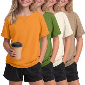 Oakgarden 4 Pack Girls Short Sleeve T Shirts Kids Casual Loose Tops Rolled Cuff Cute Basic Tees 5-14 Years Back to School