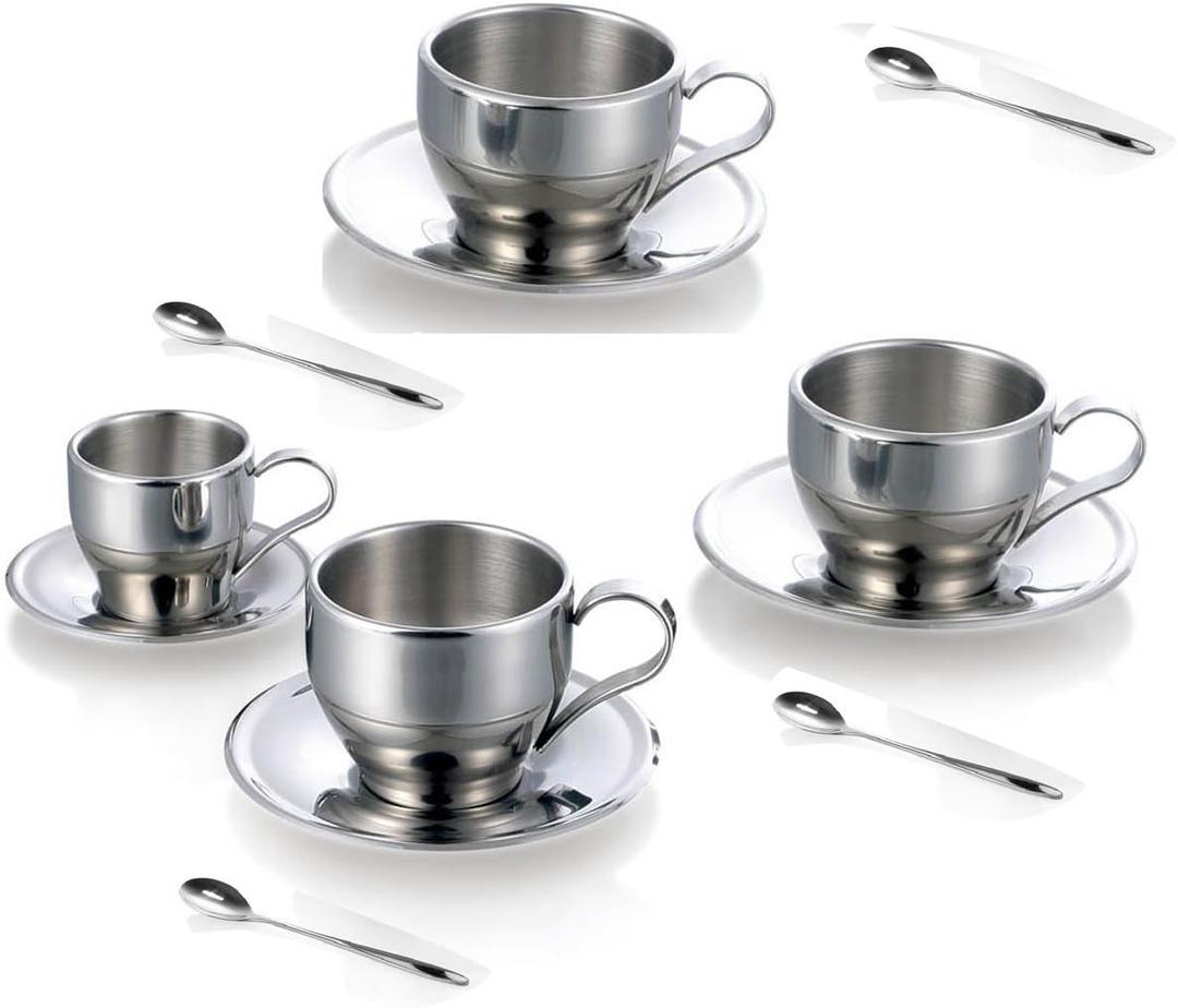 Jasni Stainless Steel Coffee Cup Coffee Mugs Espresso Cups and Great Cappuccino Cups with Spoon and Saucer Gift Idea for Coffee and Tea Lovers (4)