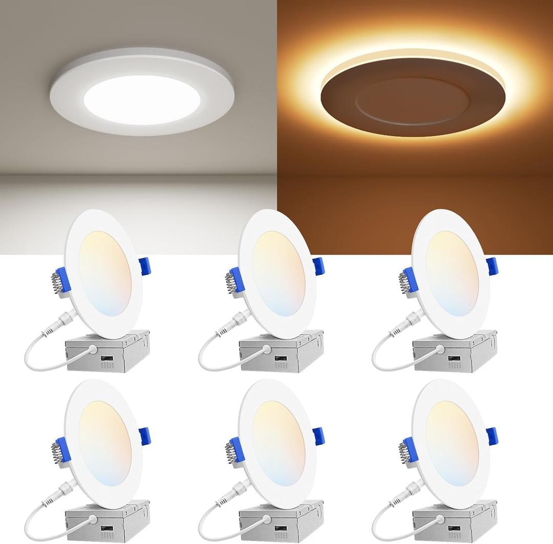 VOLISUN 6 Pack 4 Inch 5CCT Recessed Light with Night Light, Canless LED Recessed Lighting 4 inch, 2700K-5000K Selectable, 9.5W=80W,810LM Dimmable Recessed Ceiling Wafer Light, ETL Certificated