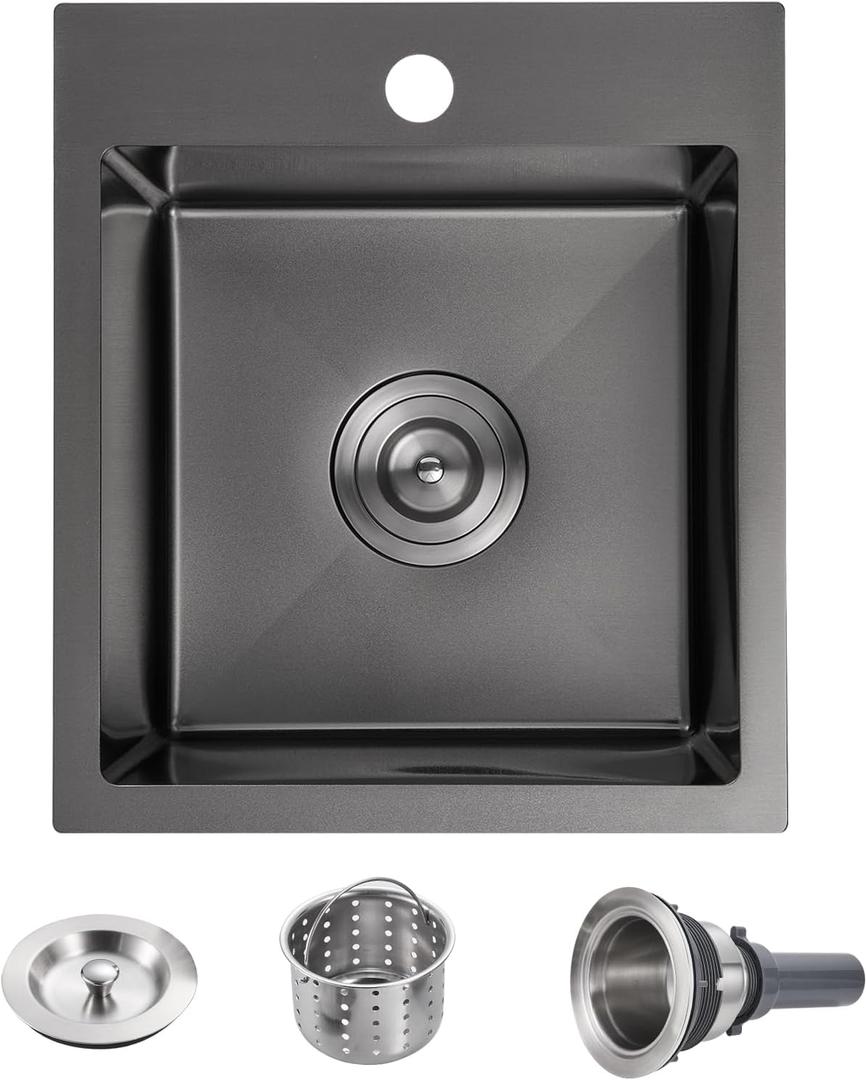 POPFLY Kitchen Sink, 15×17 Inch Drop In Black Small Kitchen Sinks, 18 Gauge Stainless Steel Bar Prep Rv Single Bowl Utility Sink, Fregaderos De Cocina Modernos