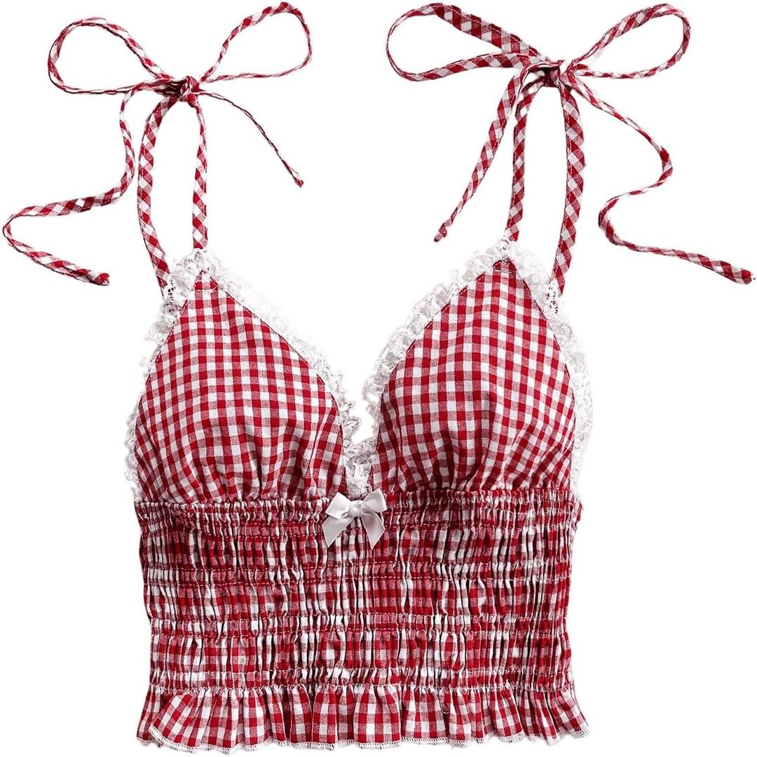 WDIRARA Women's Gingham Cami Crop Tops Plaid Contrast Lace V Neck Camisole Tops (S)