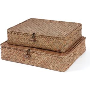 Moosky Flat Wicker Shelf Baskets with Lid, Handwoven Seagrass Basket Boxes for Storage Baskets Bins Home Decor Organizer (Coffee Set of 2)