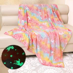 Unicorn Blanket for Girls, Unicorn Glow in The Dark Blanket, Pink Unicorn Blanket for Kids, Soft Fleece Blanket Throw 50"x60"
