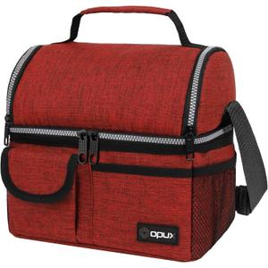 opux Insulated Lunch Bag Women Men, Dual Compartment Leakproof Lunch Box Adults Kids, Double Decker Meal Prep Bento Lunch Cooler Tote with Shoulder Strap for Work Office School Travel, Red