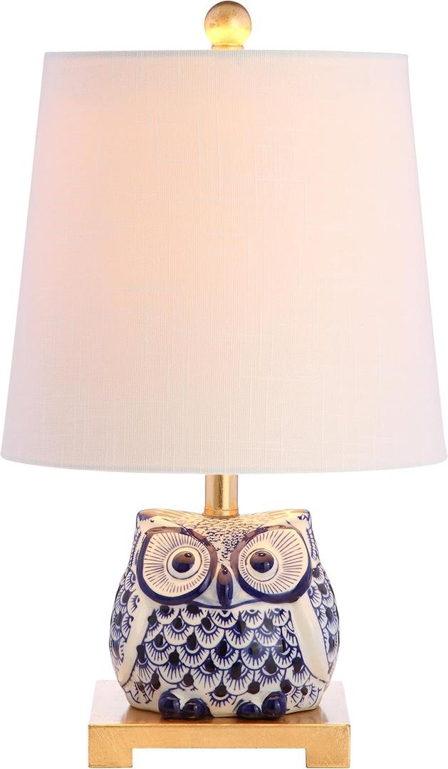 JONATHAN Y JYL3014A Justina 16" Ceramic Owl Mini LED Table Lamp Cottage,Transitional for Bedroom, Living Room, Office, College Dorm, Coffee Table, Bookcase, Blue/White (Single)