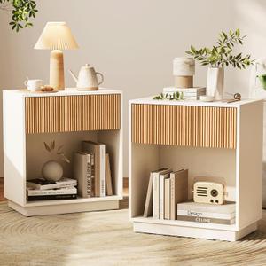 Fluted Nightstands Set of 2, Modern Bedside Table with Drawer and Storage Shelf, Wood End Table Mid Century Night Stands for Bedroom Living Room Sofa Couch Office (White+Oak)