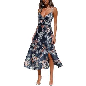 Fashionme Women Spaghetti Strap Midi Satin Dresses Tie Front Backless Split Hollow Dress (Large, Navy Blue 2)