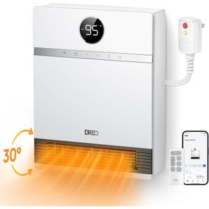 DREO Smart Wall Heater for Bathroom, IP24 Electric Space Heater with ALCI Plug for Indoor Use, 30 Oscillation, Adjustable Thermostat, Remote Control, Works with Alexa, 24H Timer, Easy-mounted Heater (White)