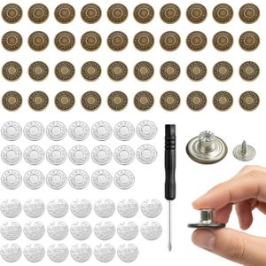 81-Piece 0.67inch Jean Button Replacement, Jean Waist Tightener, Button Screwdriver Set with Silver and Bronze Buttons, Easy Pants Button Replacement Kit