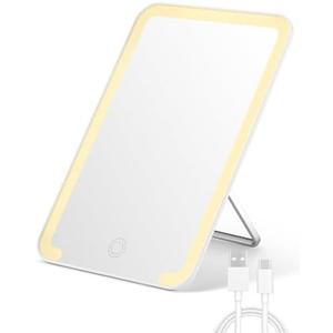 OMIRO Lighted Travel Makeup Mirror, 8 x 5 inches Desk Mirror with Foldable Stand and 3 Lighting Modes for Shaving and Travelling, White