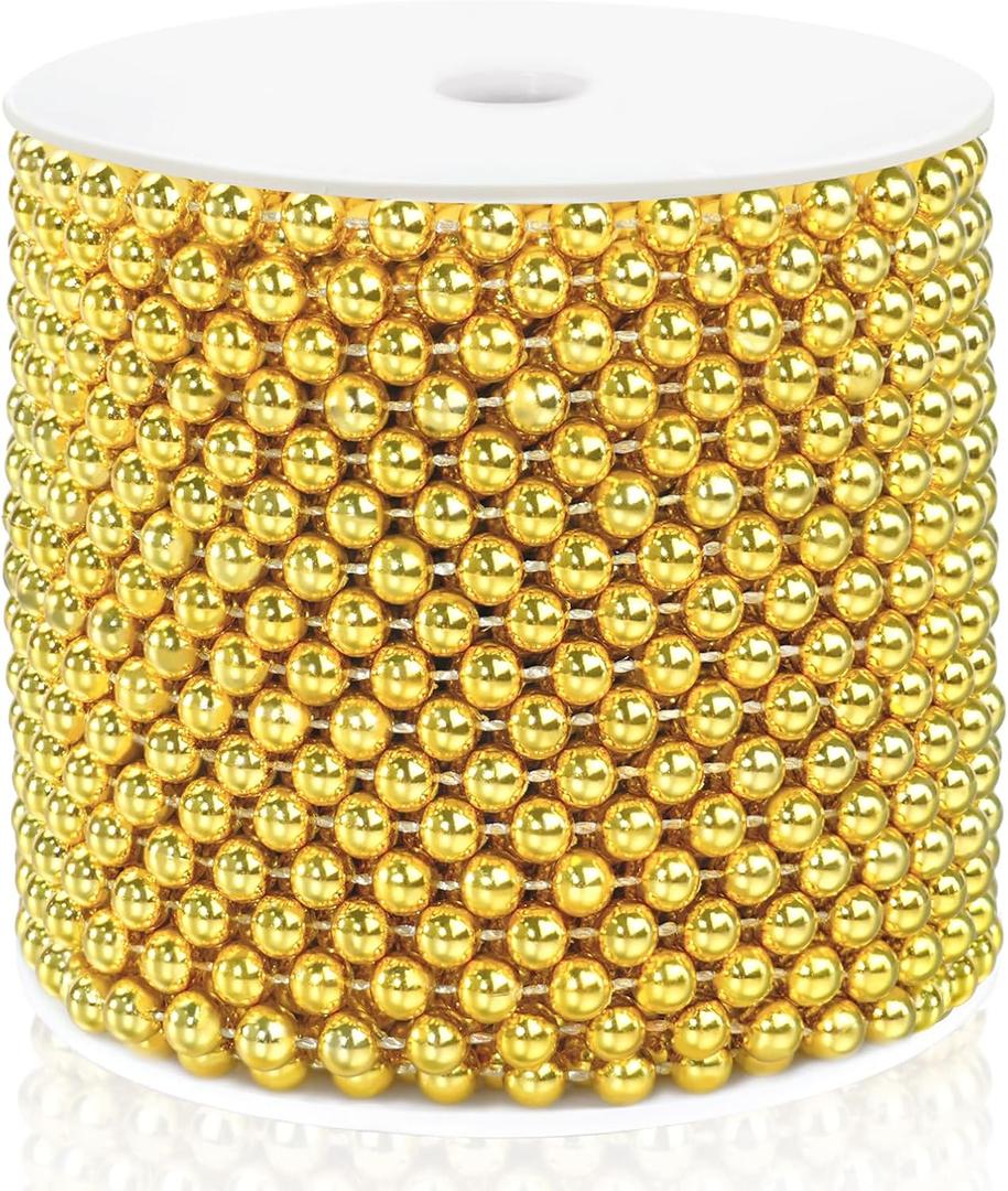 Craft String Pearls 6MM Pearl Bead, 66 Feet Gold Faux Pearl Garland Spool Roll Strand Wedding Party Decoration, Christmas Tree Decorations (0.24 in 66 ft)