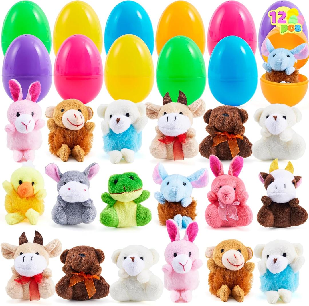 JOYIN 12 Pcs Prefilled Easter Eggs with Plush Toys, Plastic Eggs Filled with Mini Stuffed Plush Toys, Basket Stuffers for Toddlers, Easter Egg Hunt, Party Favors, Classroom Prizes for Kids