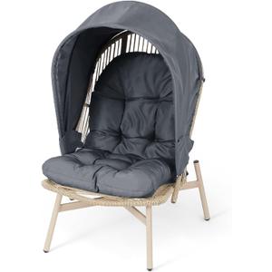 Athena Collection Rattan Egg Chair with Foldable Canopy, Patio Egg Chair Indoor Outdoor Lounge Egg Chair with Stand & Detachable Cushion for Garden, Porch, Backyard, Balcony, Gray (Grey)