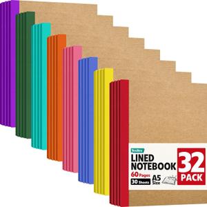 YesBes 32 Pack Composition Notebooks Bulk, A5 Kraft Cover Lined Journaling Notebooks, 8.3x 5.5 Travel Notebook for School Office Students Artists, 8 Colors 60 Pages