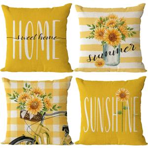 YeeJu Set of 4 Sunflower Pillow Covers 16x16 Spring Summer Pillow Covers Yellow Floral Throw Pillow Covers Cushion Covers Square Pillow Cases for Couch Sofa Patio Outdoor Home Decorations(16 Inch)