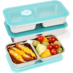 YQL 3 Pack Stainless Steel Snack Containers with Lids, Double Compartment Snack Box for Lunch Prep, Reusable Leakproof Bento Box, Food Storage Containers for Travel, Office, Camping