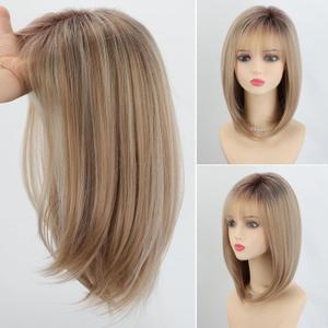 RENERSHOW Ombre Blonde Highlight Layered Bob Wig with Bangs 14inch Mid-length Heat Synthetic Wigs for Women Straight